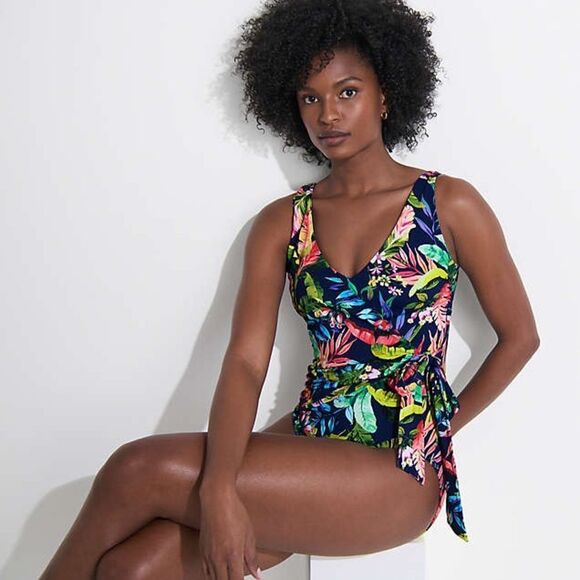 Land's End One Piece Swimsuit soft side tie wrap navy prism pink multi palm Var - Picture 6 of 7
